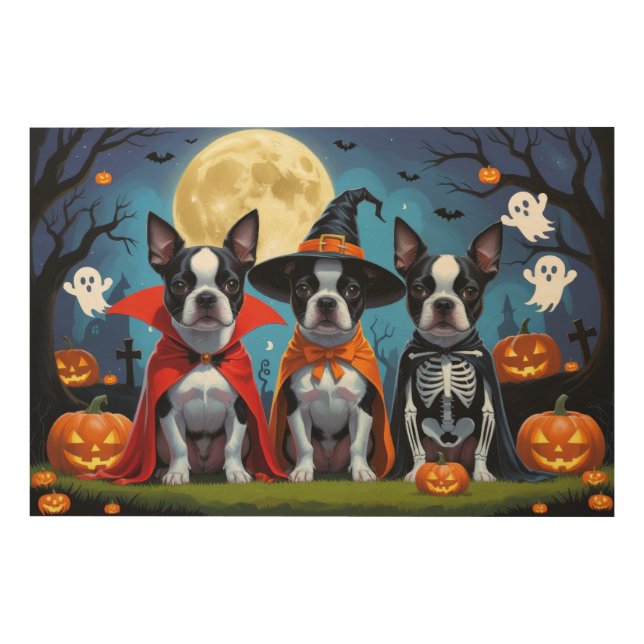 Boston Terrier Dogs Pumpkin Halloween Funny Wood Wall Art (Front)