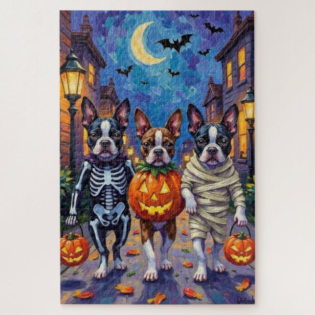 Boston Terrier Dogs Trick-or-Treating in Halloween Jigsaw Puzzle (Vertical)