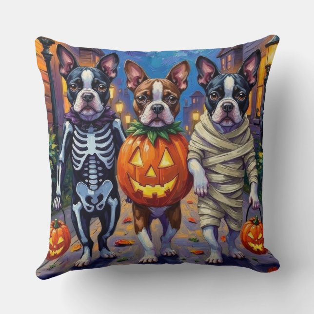 Boston Terrier Dogs Trick-or-Treating in Halloween Throw Pillow (Back)