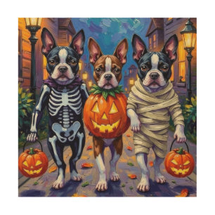 Boston Terrier Dogs Trick-or-Treating in Halloween Wood Wall Art