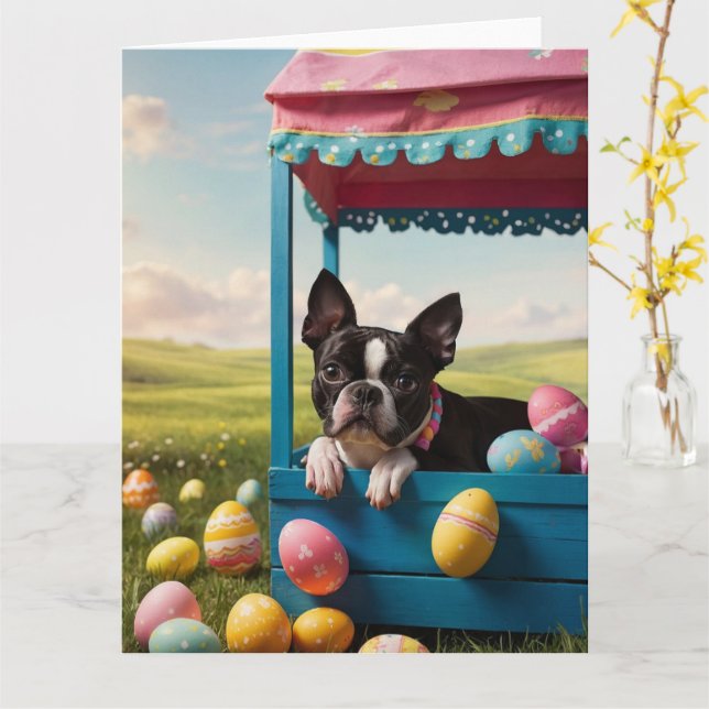 Boston Terrier Easter  Card (Yellow Flower)