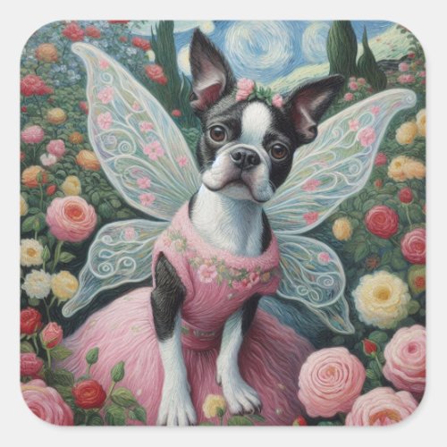 Boston Terrier Fairy in a Flower Garden Square Sticker