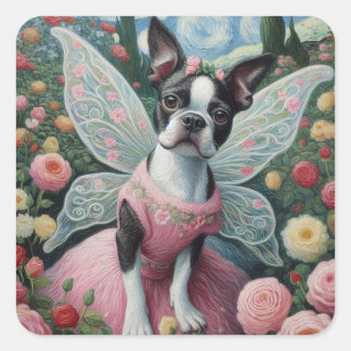 Boston Terrier Fairy in a Flower Garden Square Sticker