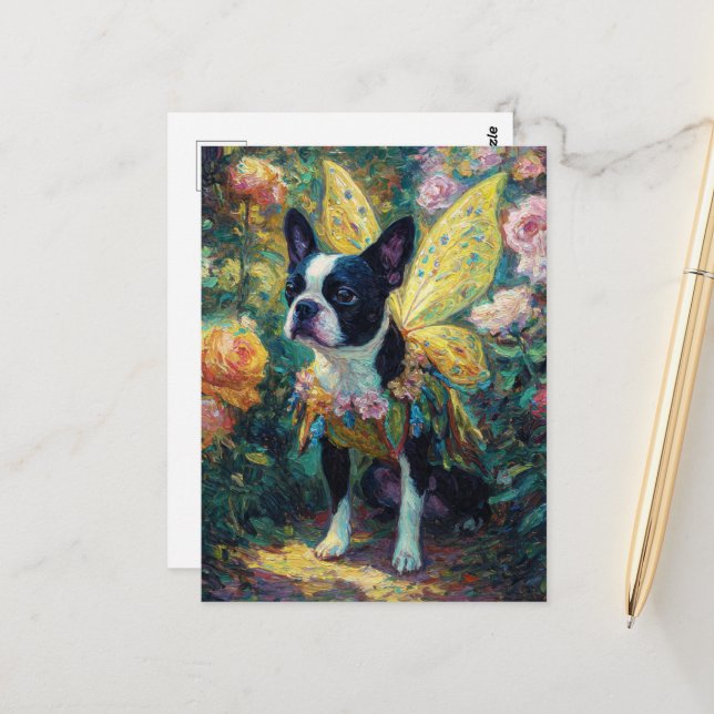 Boston Terrier Fairy in a Rose Garden Postcard (Front/Back In Situ)