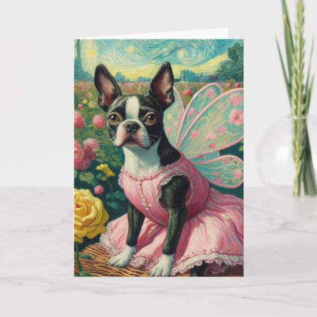 Boston Terrier Fairy in the Rose Garden Van Gogh Card (Front)