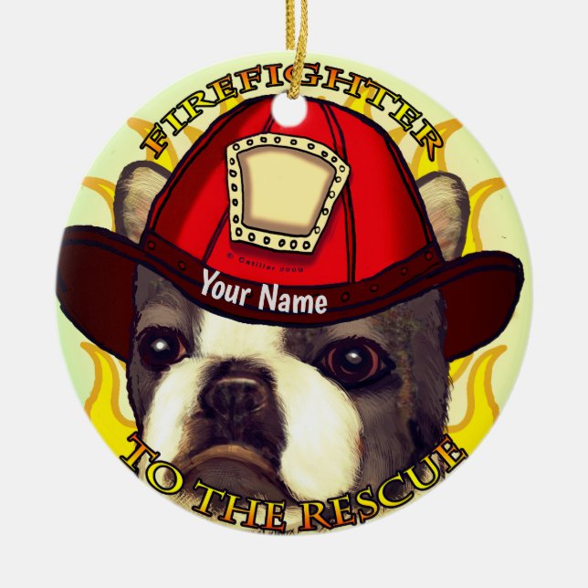 Boston Terrier Firefighter Ceramic Ornament (Front)