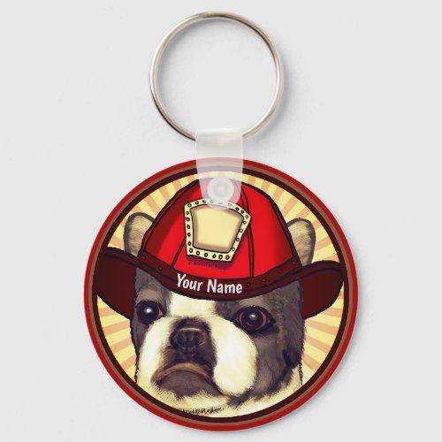 Boston Terrier Firefighter custom name  keychain