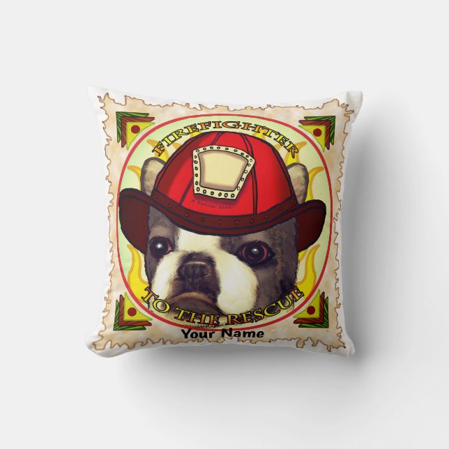 Boston Terrier Firefighter Throw Pillow (Front)
