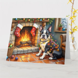 Boston Terrier Fireplace with Christmas Lights Card