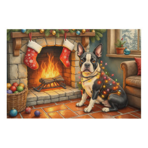 Boston Terrier Fireplace with Christmas Lights Wood Wall Art