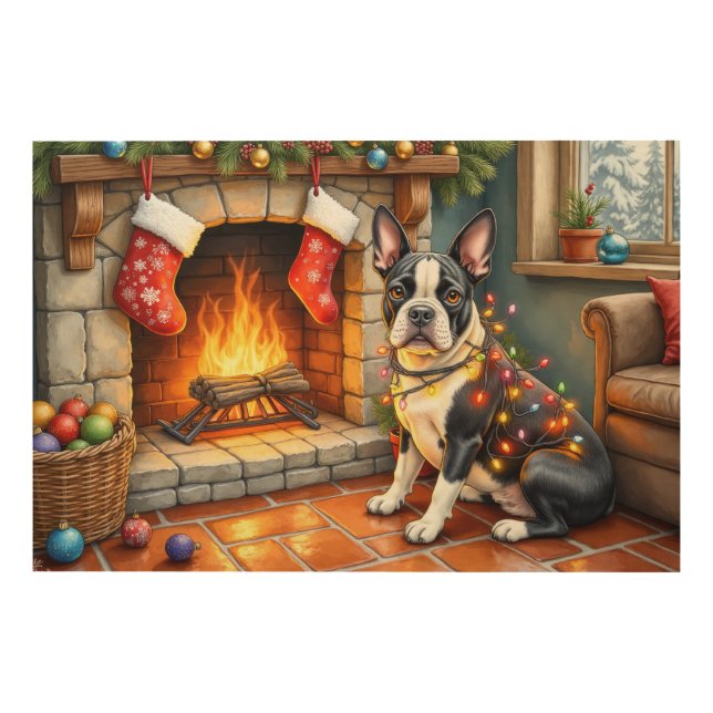 Boston Terrier Fireplace with Christmas Lights Wood Wall Art (Front)