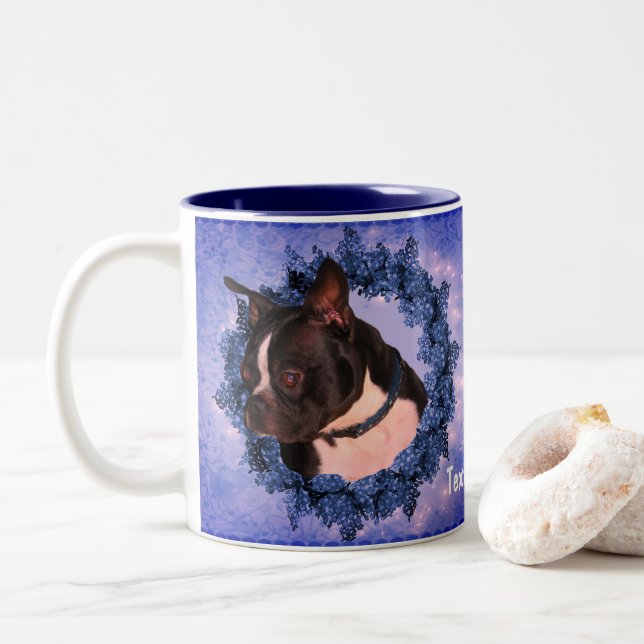 Boston Terrier Floral Wreath Personalized  Two-Tone Coffee Mug (With Donut)