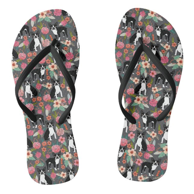 Boston Terrier Florals - dogs and flowers Flip Flops (Footbed)