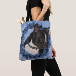 Boston Terrier Flowers Dog Art Photo Painting Tote Bag