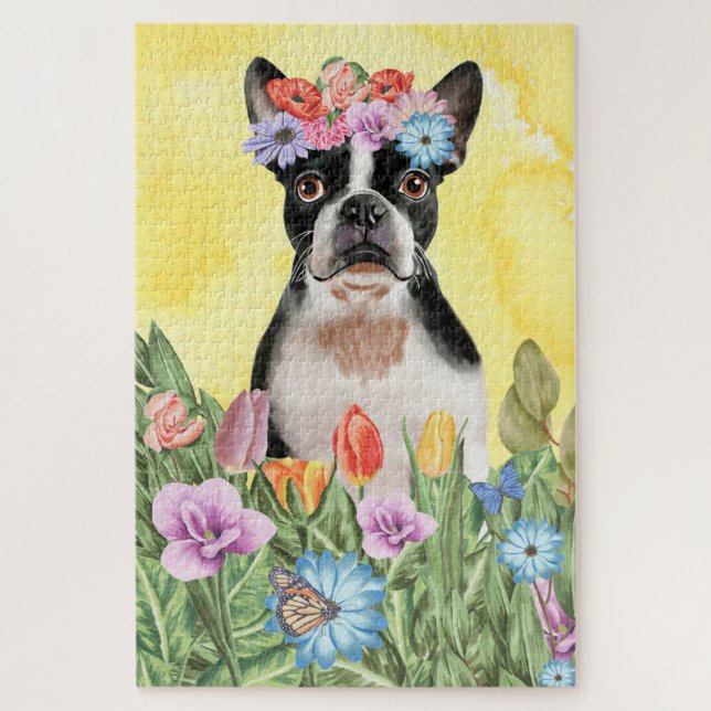 Boston Terrier Flowers Jigsaw Puzzle (Vertical)