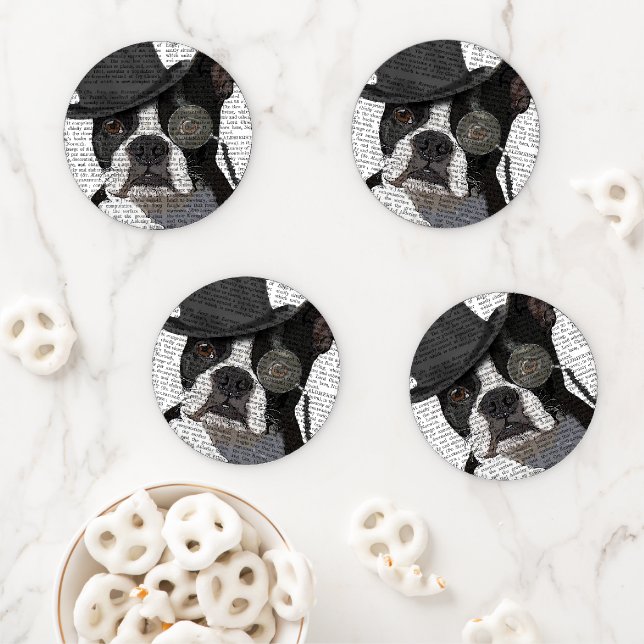 Boston Terrier, Formal Hound and Hat Coaster Set (In Situ)