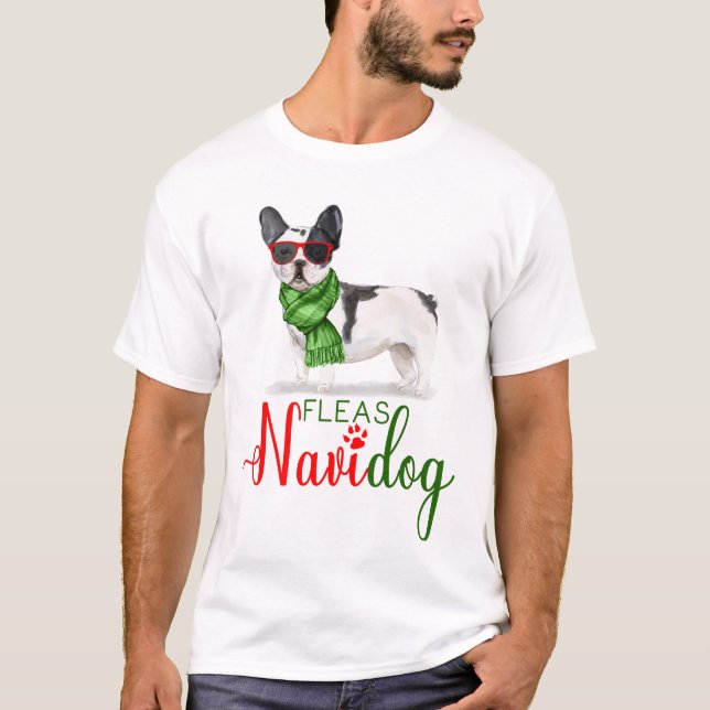 Boston Terrier Funny Christmas Fleas Navidog T-Shirt (Front)