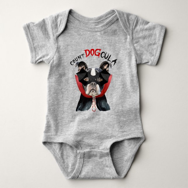 Boston Terrier Funny Halloween Vampire Dog Baby Bodysuit (Front)