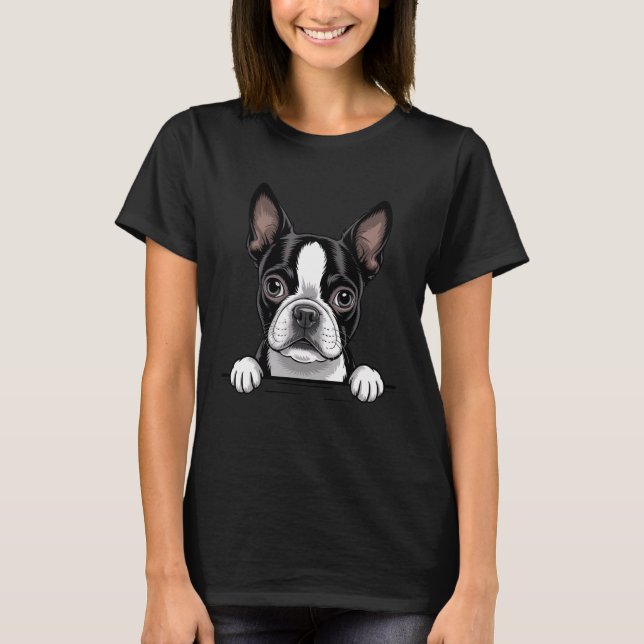 Boston Terrier Funny Peeking Bostie Pocket Puppy D T-Shirt (Front)