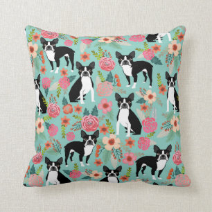 Boston Terrier Girly Vintage Flowers Print - cute Throw Pillow