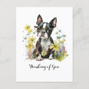 Boston Terrier Glasses Floral Thinking of You Postcard