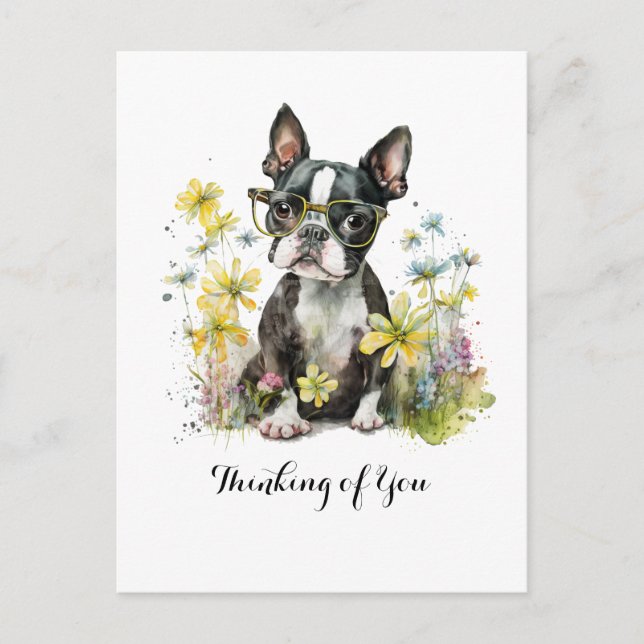 Boston Terrier Glasses Floral Thinking of You Postcard (Front)