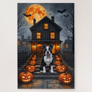 Boston Terrier Gothic Halloween Porch Artwork Jigsaw Puzzle