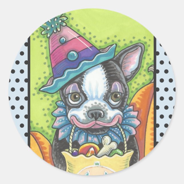 BOSTON TERRIER HALLOWEEN CLOWN STICKER SHEET Round (Front)