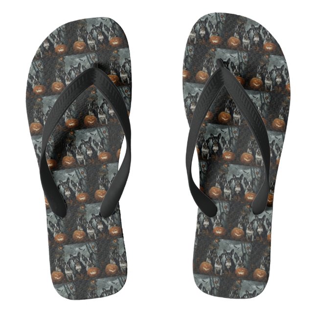 Boston Terrier Halloween Night Doggy Delight Flip Flops (Footbed)