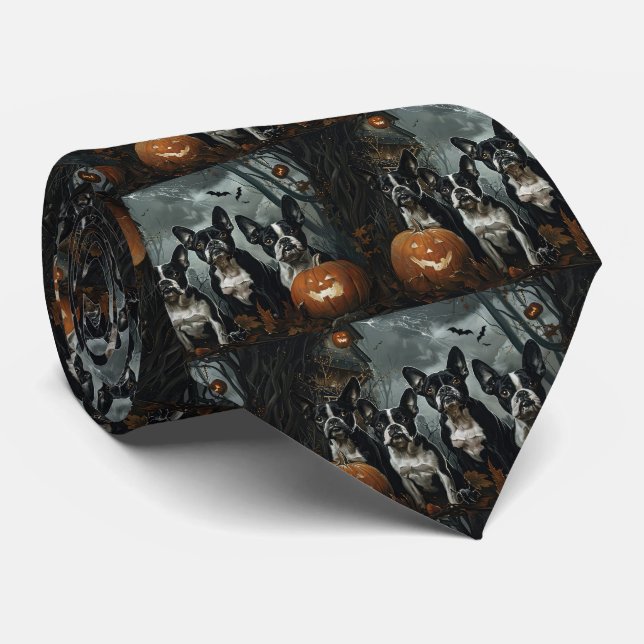 Boston Terrier Halloween Night Doggy Delight Neck Tie (Rolled)
