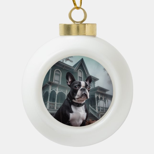 Boston Terrier Halloween Scary Ceramic Ball Christmas Ornament (Front)