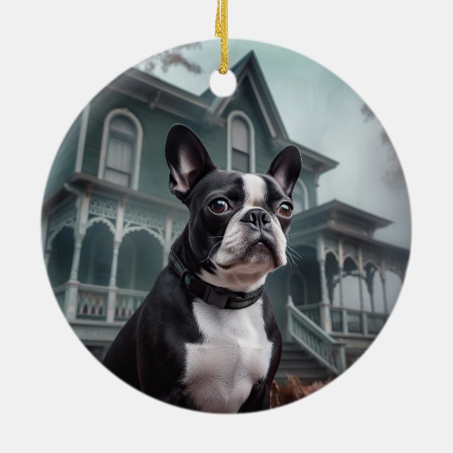Boston Terrier Halloween Scary Ceramic Ornament (Back)