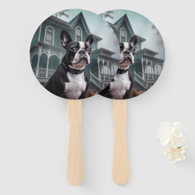 Boston Terrier Halloween Scary Hand Fan (Front and Back)