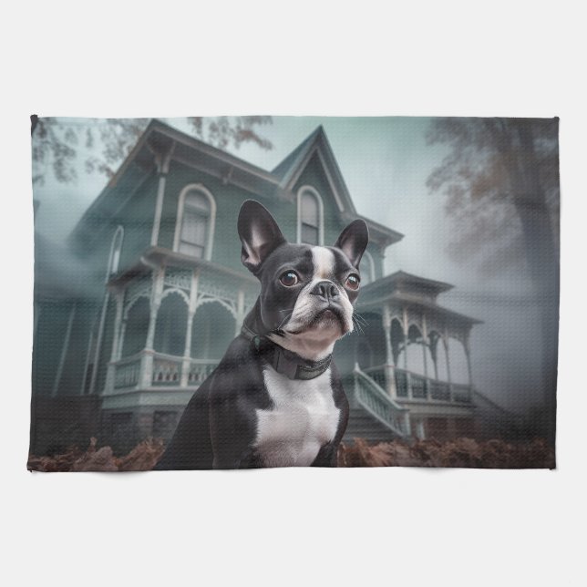 Boston Terrier Halloween Scary Kitchen Towel (Horizontal)