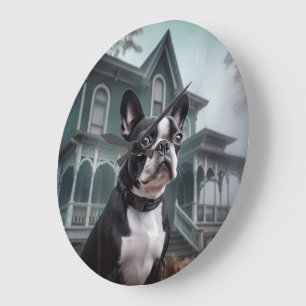 Boston Terrier Halloween Scary Large Clock