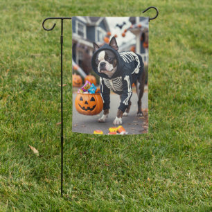 Boston Terrier Halloween Skeleton Garden Flag