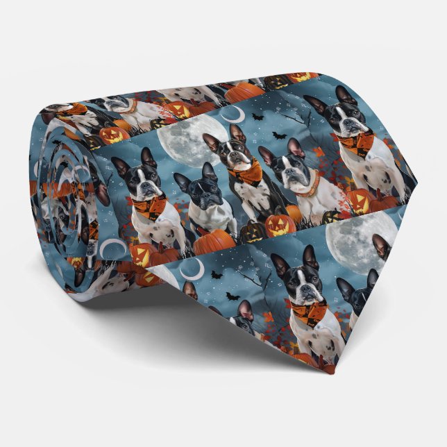 boston terrier Halloween Spooky Neck Tie (Rolled)