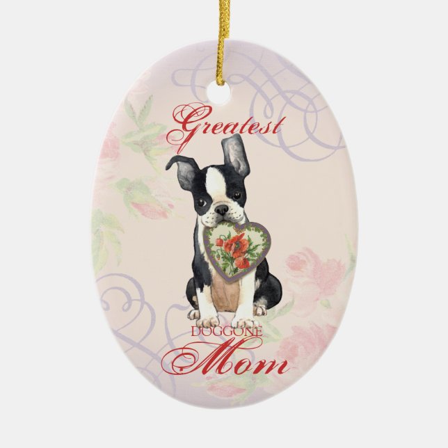 Boston Terrier Heart Mom Ceramic Ornament (Front)