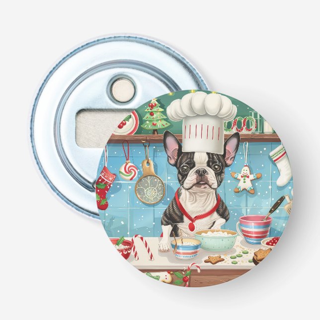 Boston Terrier Holiday Baking: Festive Christmas Bottle Opener (Front)