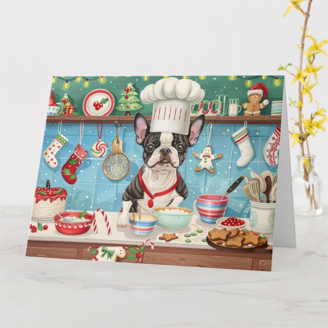 Boston Terrier Holiday Baking: Festive Christmas Card (Yellow Flower)