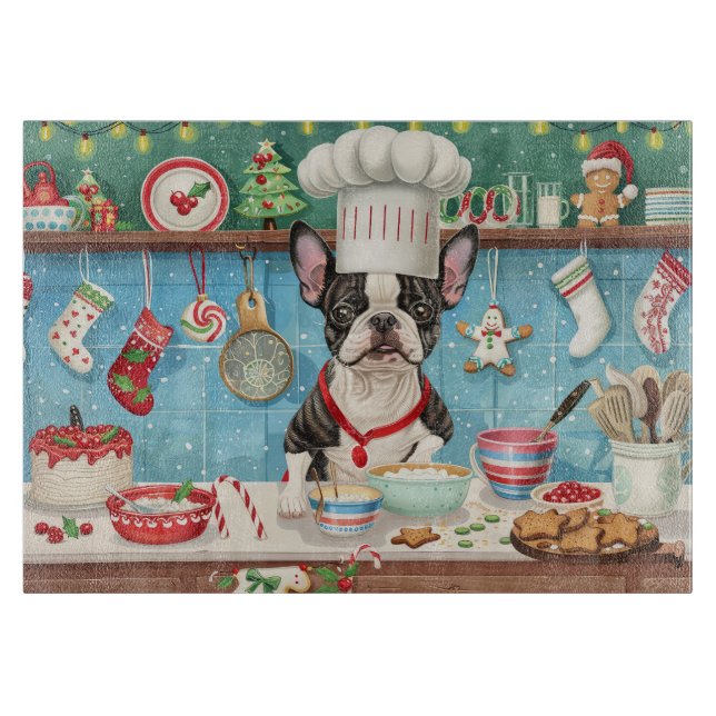 Boston Terrier Holiday Baking: Festive Christmas Cutting Board (Front)