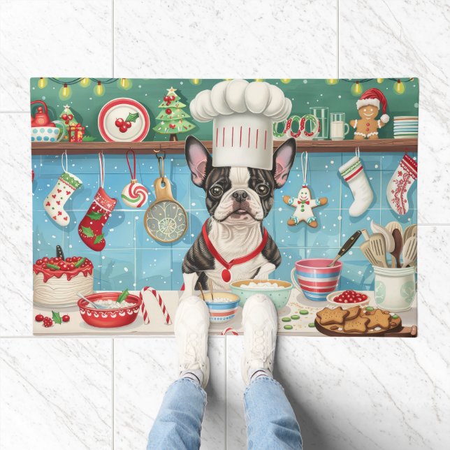 Boston Terrier Holiday Baking: Festive Christmas Doormat (Indoor)