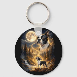 Boston terrier howling at the moon retro keychain