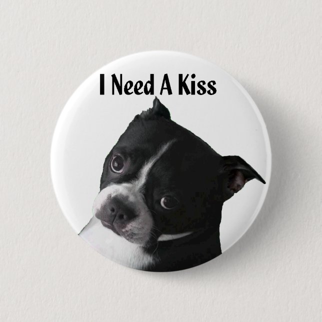 Boston Terrier:  I Need a Kiss Pinback Button (Front)