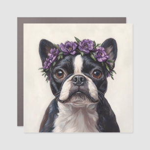 Boston Terrier in a Purple Flower Crown Car Magnet
