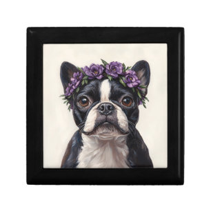 Boston Terrier in a Purple Flower Crown Gift Box