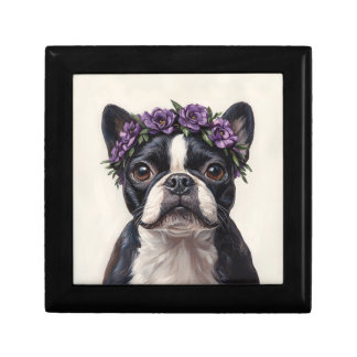 Boston Terrier in a Purple Flower Crown Gift Box