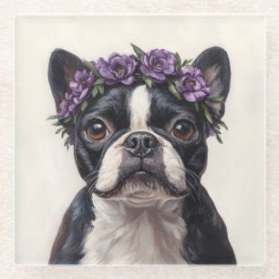 Boston Terrier in a Purple Flower Crown Glass Coaster