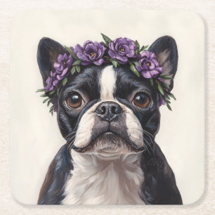 Boston Terrier in a Purple Flower Crown Square Paper Coaster