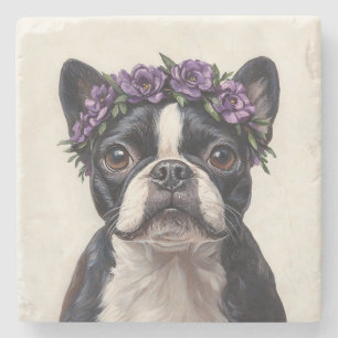 Boston Terrier in a Purple Flower Crown Stone Coaster
